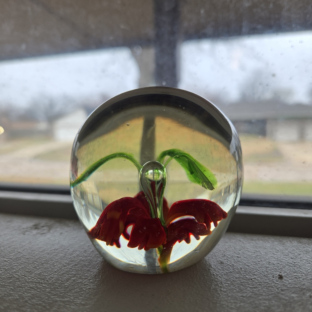 Handcrafted Red Floral Glass Paperweight - Decorative Home Art